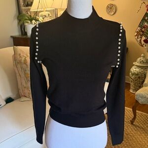 Catherine Malandrino Pearl-Embellished Sleeve BLK Thin Knit Top NWT XS